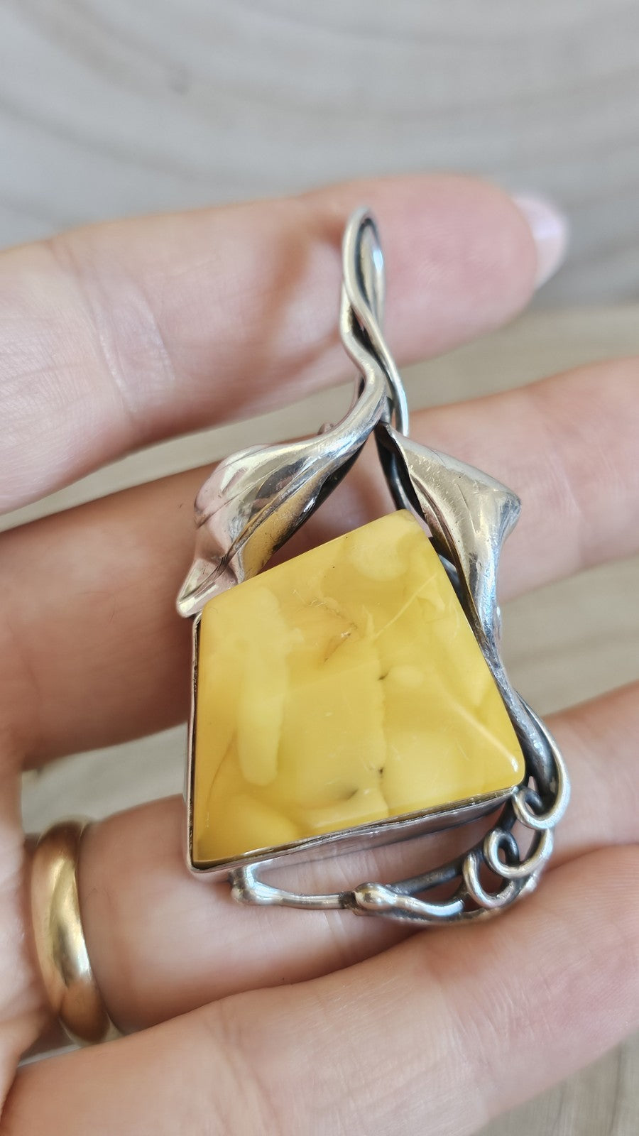925 Sterling Silver Yellow Amber Large Pendant Art Nouveau Floral Hallmarked