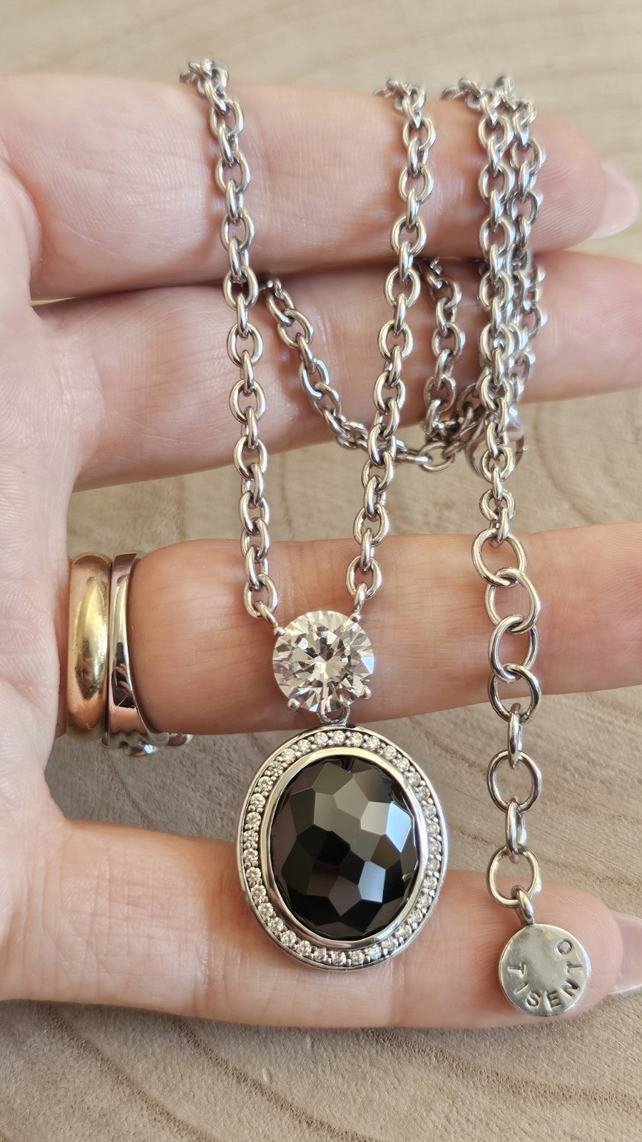 TI SENTO  Sterling Silver Black & Clear Stone Pendant Necklace 19-20.5", 29.76g 