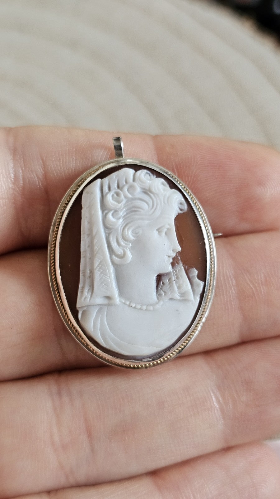 Vintage 925 Sterling Silver Carved Shell Cameo Brooch Pendant Convertible 5.37g
