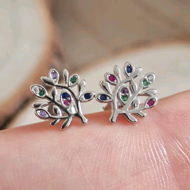 925 Sterling Silver Multicoloured CZ Tree Stud Earrings 10mm, New Boxed