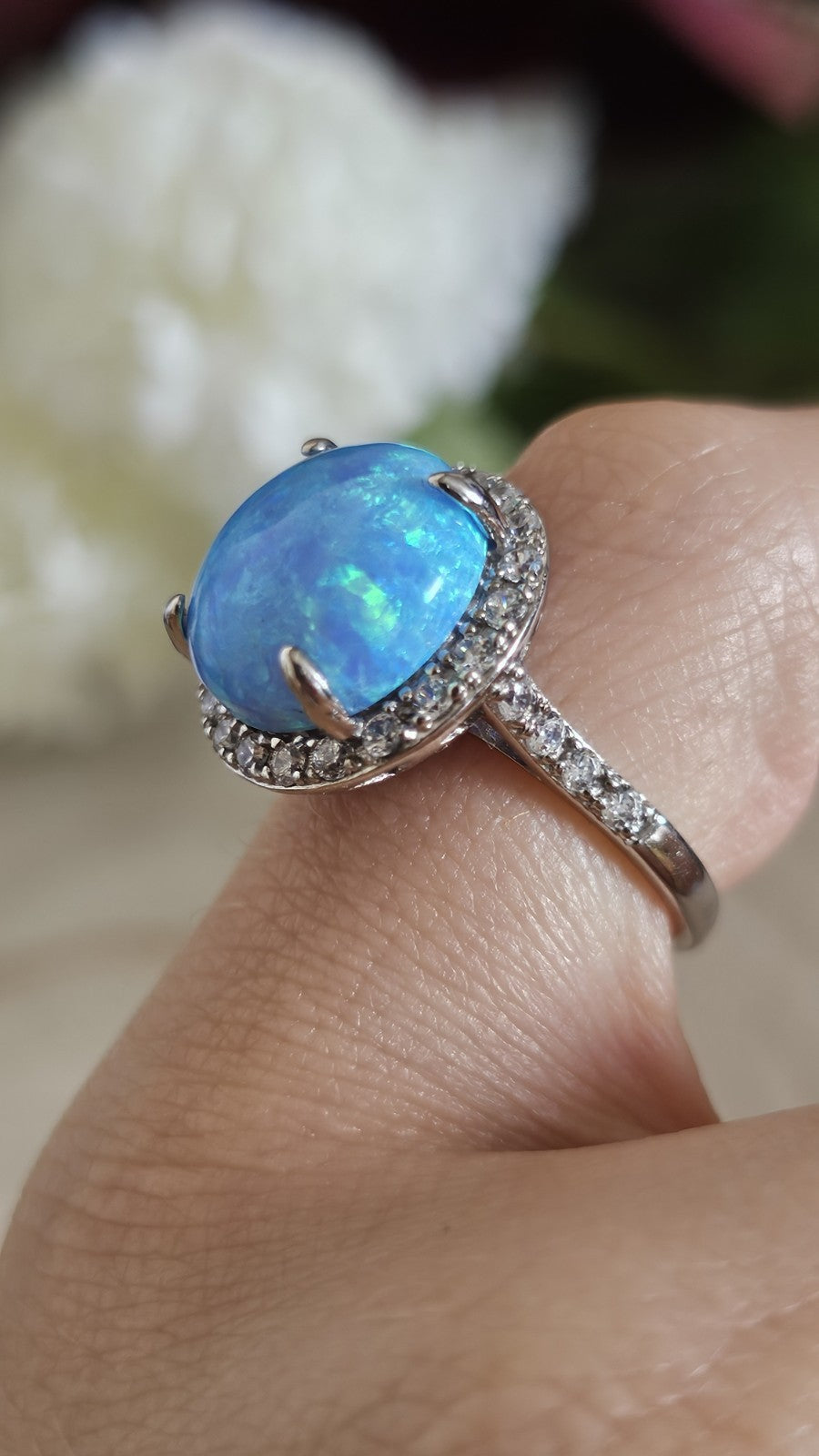 925 Sterling Silver Blue Opal & Zircon Halo Ring Size N 1/2 4.92g
