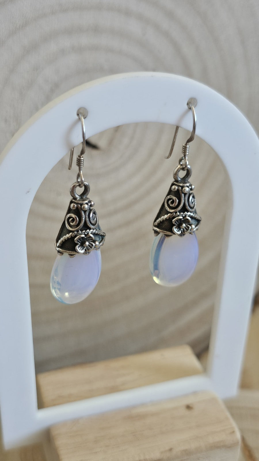 925 Sterling Silver Opalite Drop Earrings Floral Dangle Hooks 46.5mm