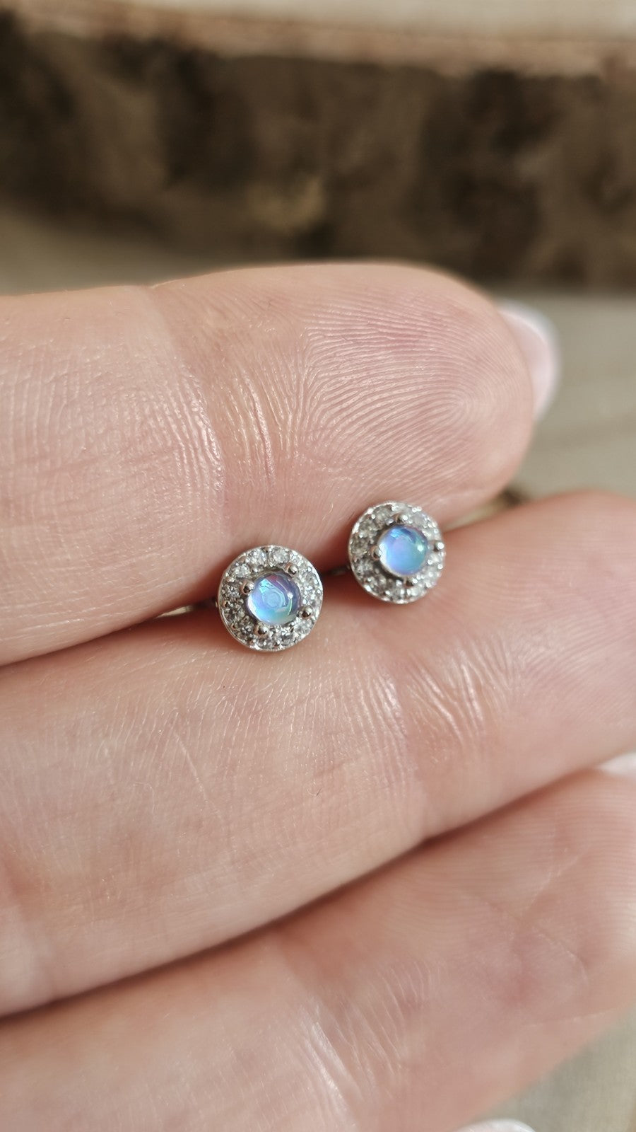 925 Sterling Silver Moonstone CZ Halo Stud Earrings 6mm Round Stamped 925 , New