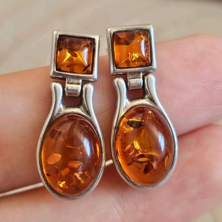 925 Sterling Silver Amber Drop Earrings Studs 6.73g 28mm