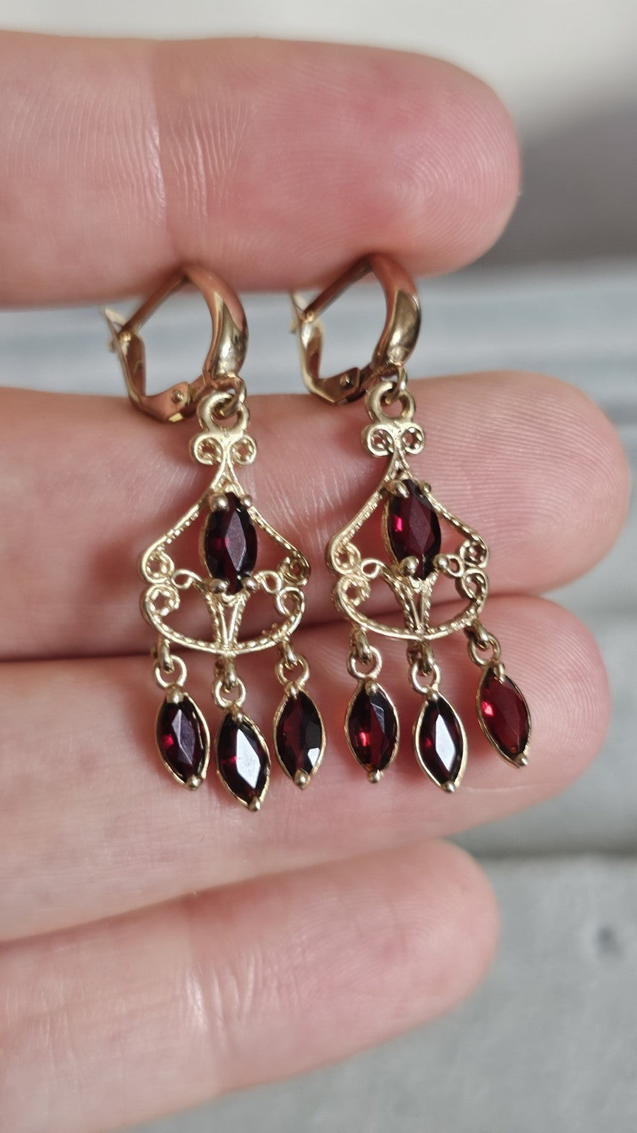 Vintage 9ct Yellow Gold Garnet Chandelier Drop Earrings 3.61g 41mm 375
