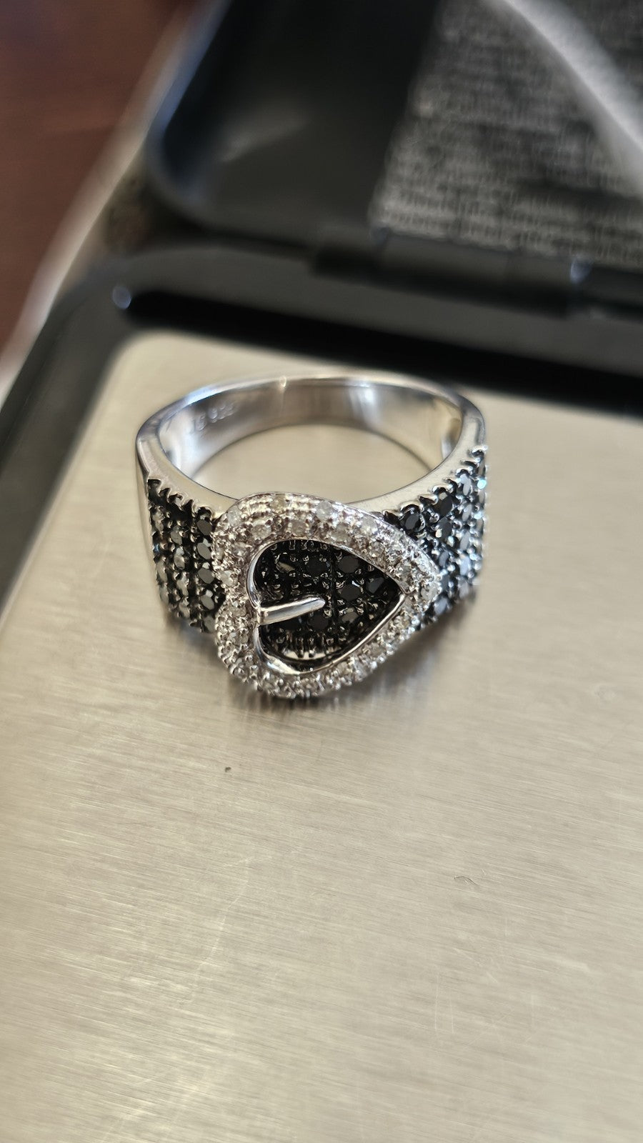 Sterling Silver Natural Black & Clear Diamond Buckle Ring Size N 1/2