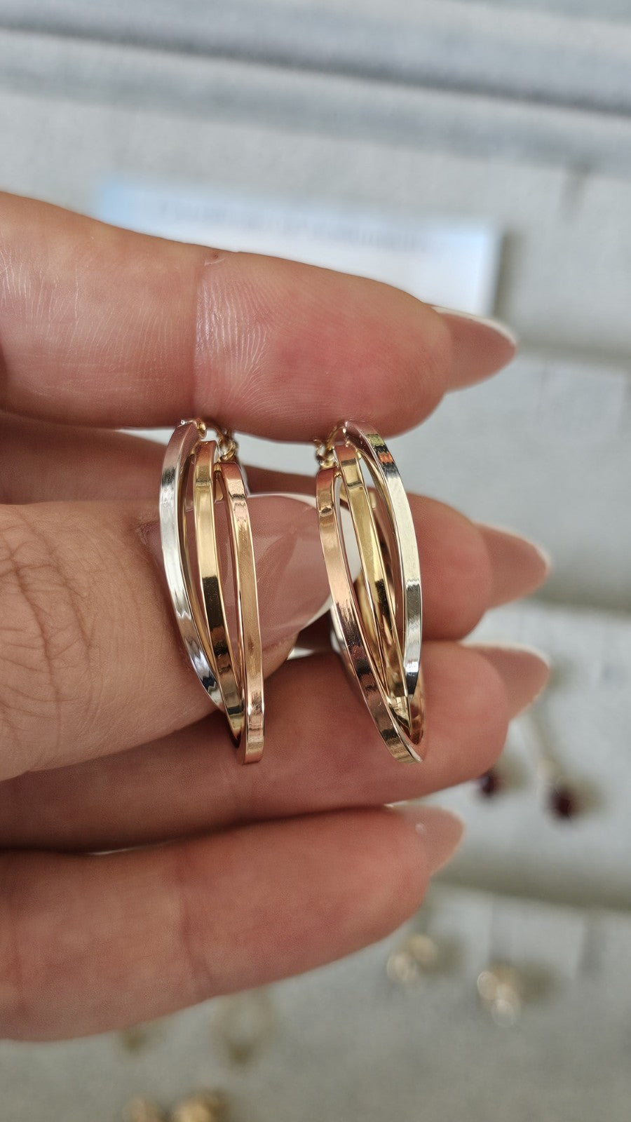 14ct Tri Colour Gold Triple Hoop Earrings 4.79g 33.5mm 14K Rose White Yellow