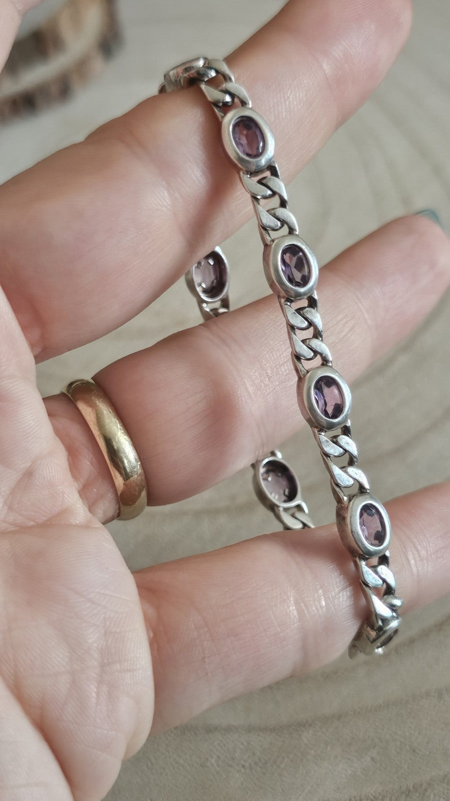 925 Sterling Silver Curb Link Amethyst Bracelet 18.5cm Hallmarked 13.39g
