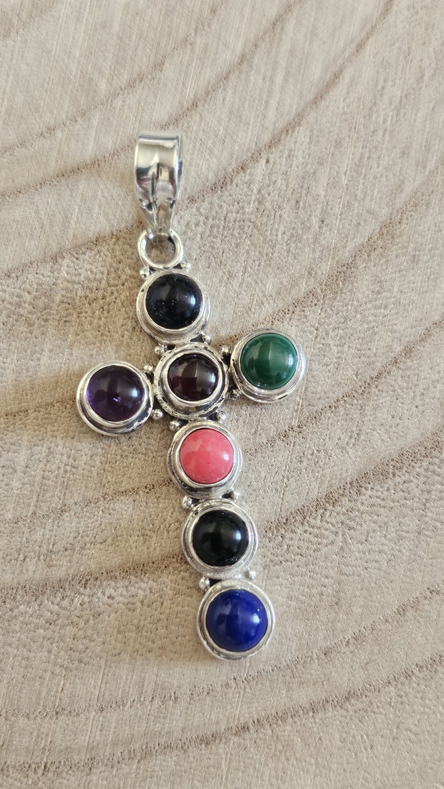 925 Sterling Silver Multi Gemstone Cross Pendant –Lapis, Garnet, Amethyst & More