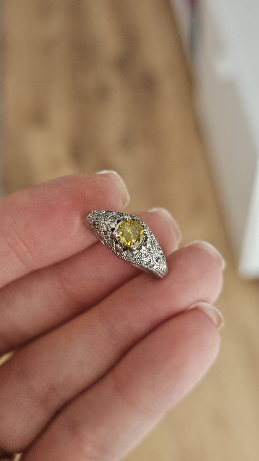 14K White Gold & 0.50 Natural Fancy Yellow  Diamond Ring, Size J 1/2