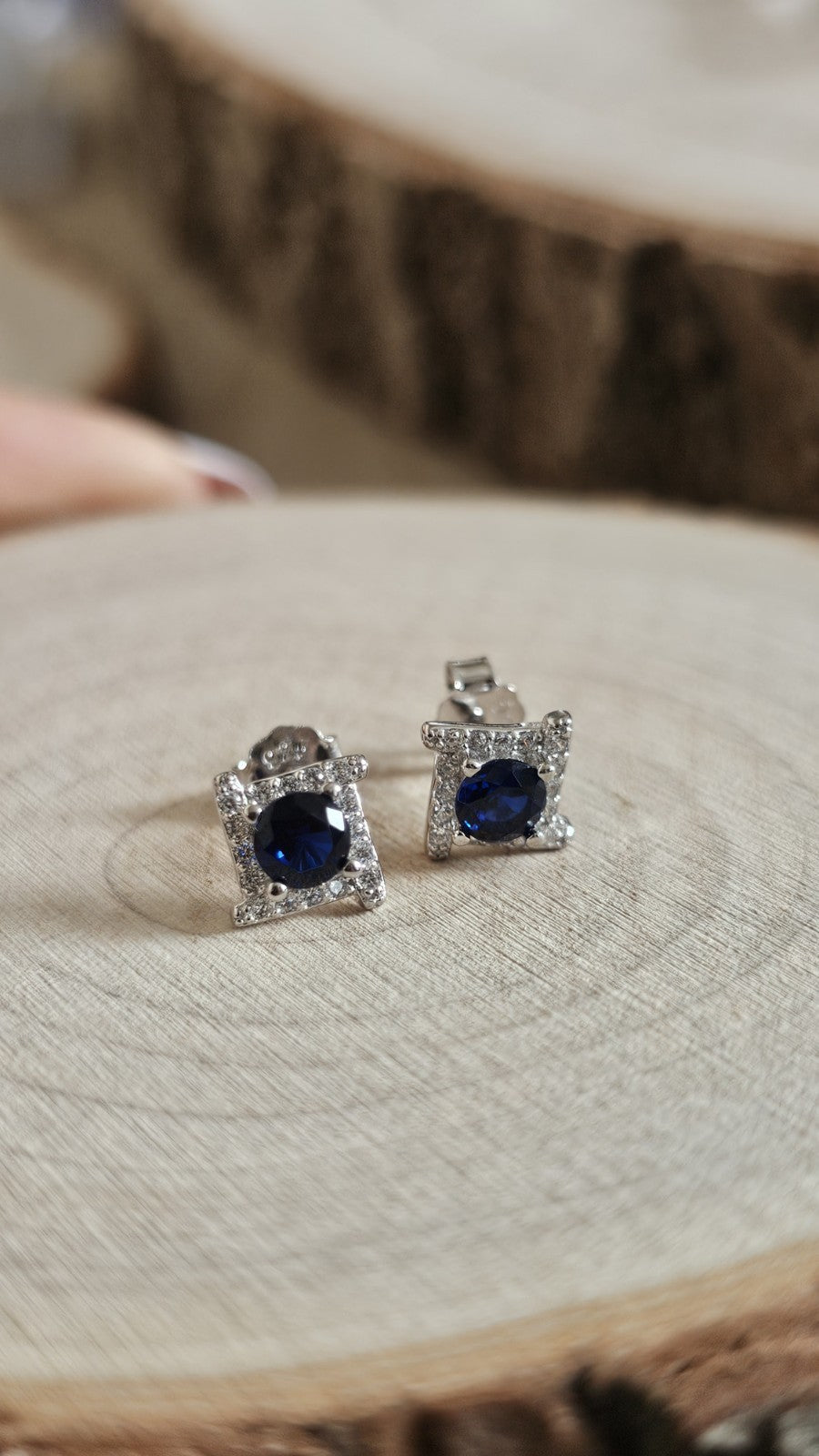 925 Sterling Silver Blue CZ Square Halo Stud Earrings Rhodium Plated 7mm New