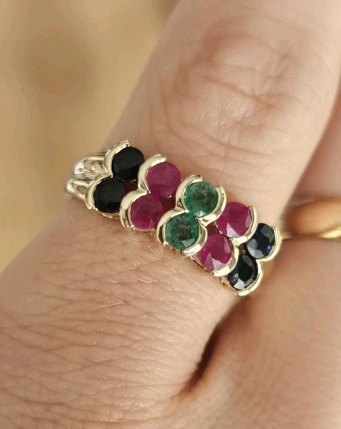 9ct Yellow Gold Natural Ruby Emerald Sapphire Multi Gem Ring Size O 1/2 3.07g