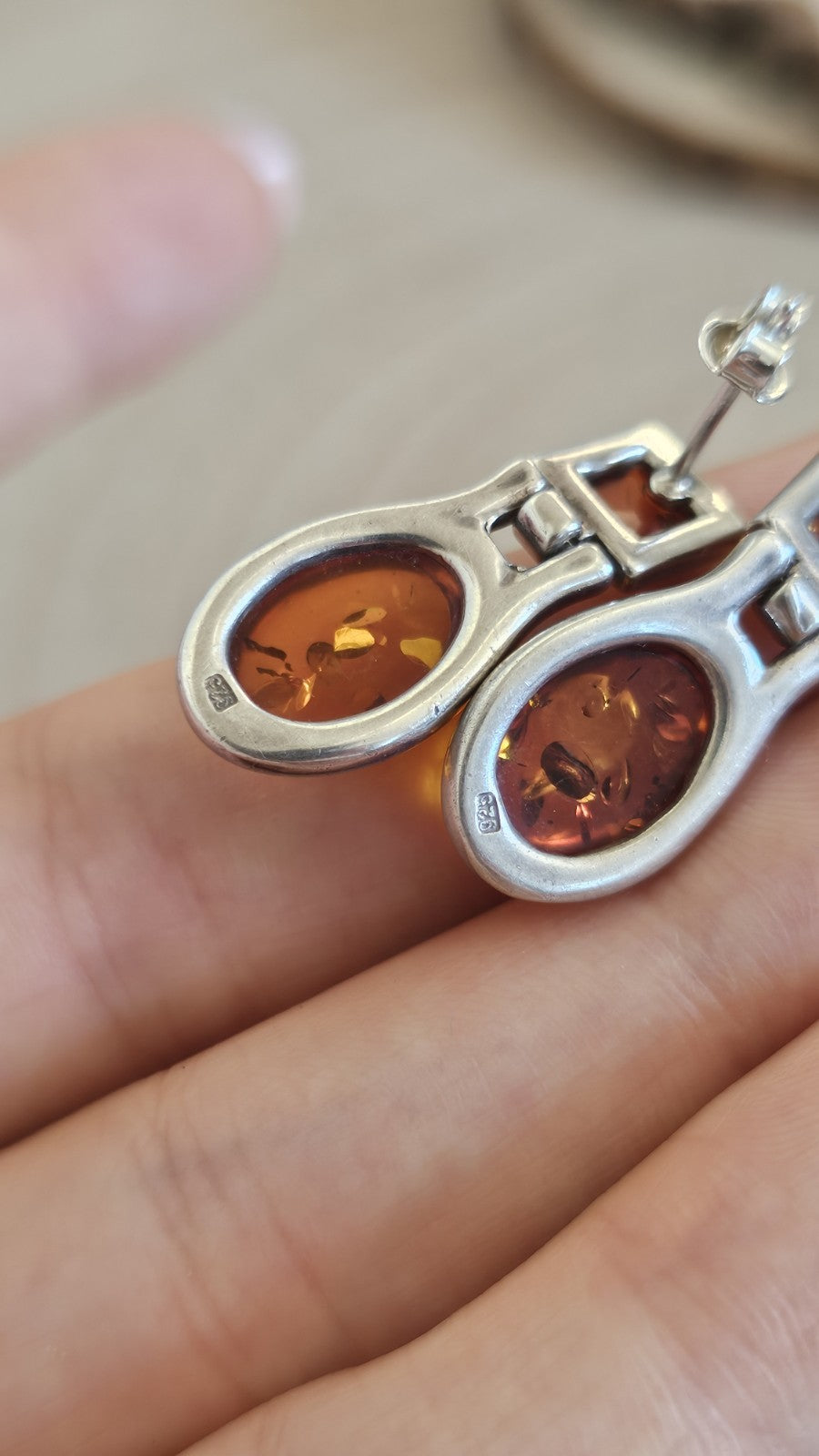 925 Sterling Silver Amber Drop Earrings Studs 6.73g 28mm