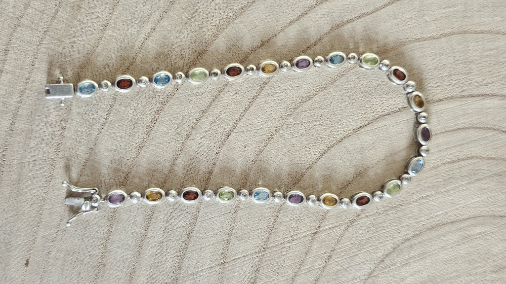 925 Sterling Silver Multi Gemstone Bracelet Garnet Amethyst Topaz 8inches