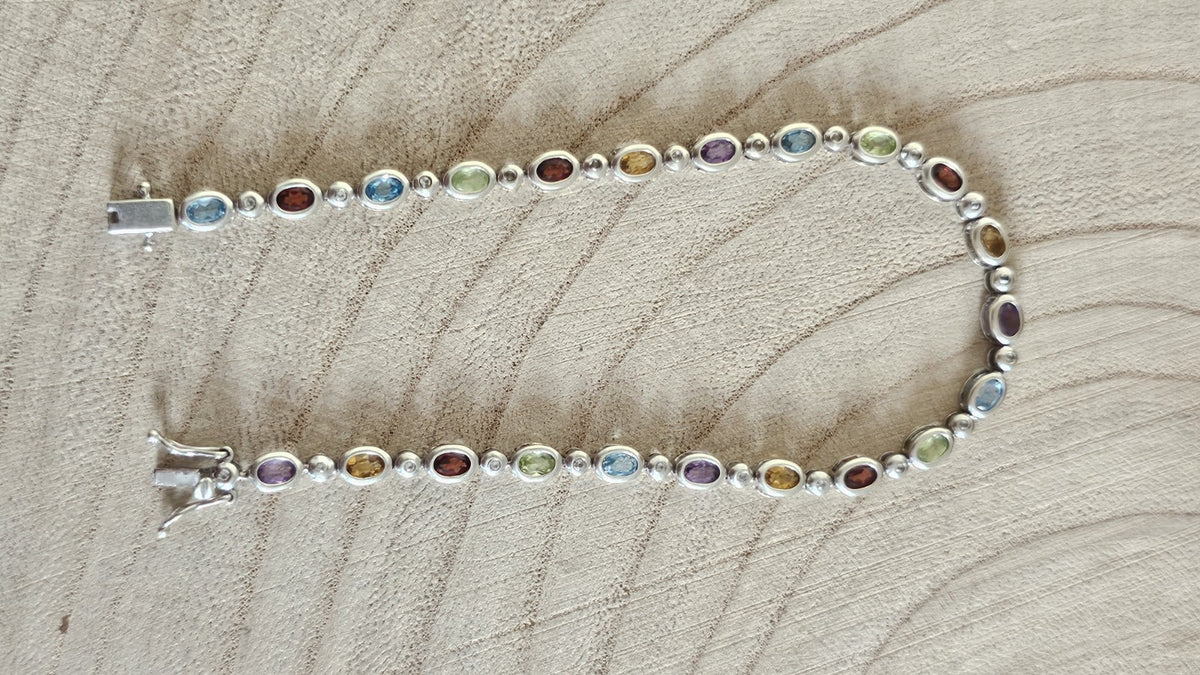 925 Sterling Silver Multi Gemstone Bracelet Garnet Amethyst Topaz 8inches