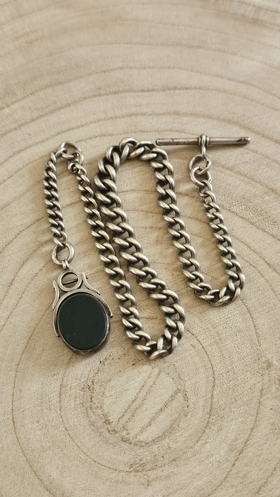 Antique 1901 Sterling Silver Graduated Albert Chain 1889 Carnelian BloodstoneFob