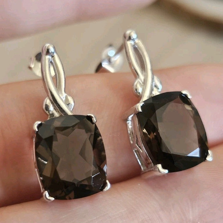 925 Sterling Silver TGGC Smoky Quartz Drop Earrings 5.78g 24mm