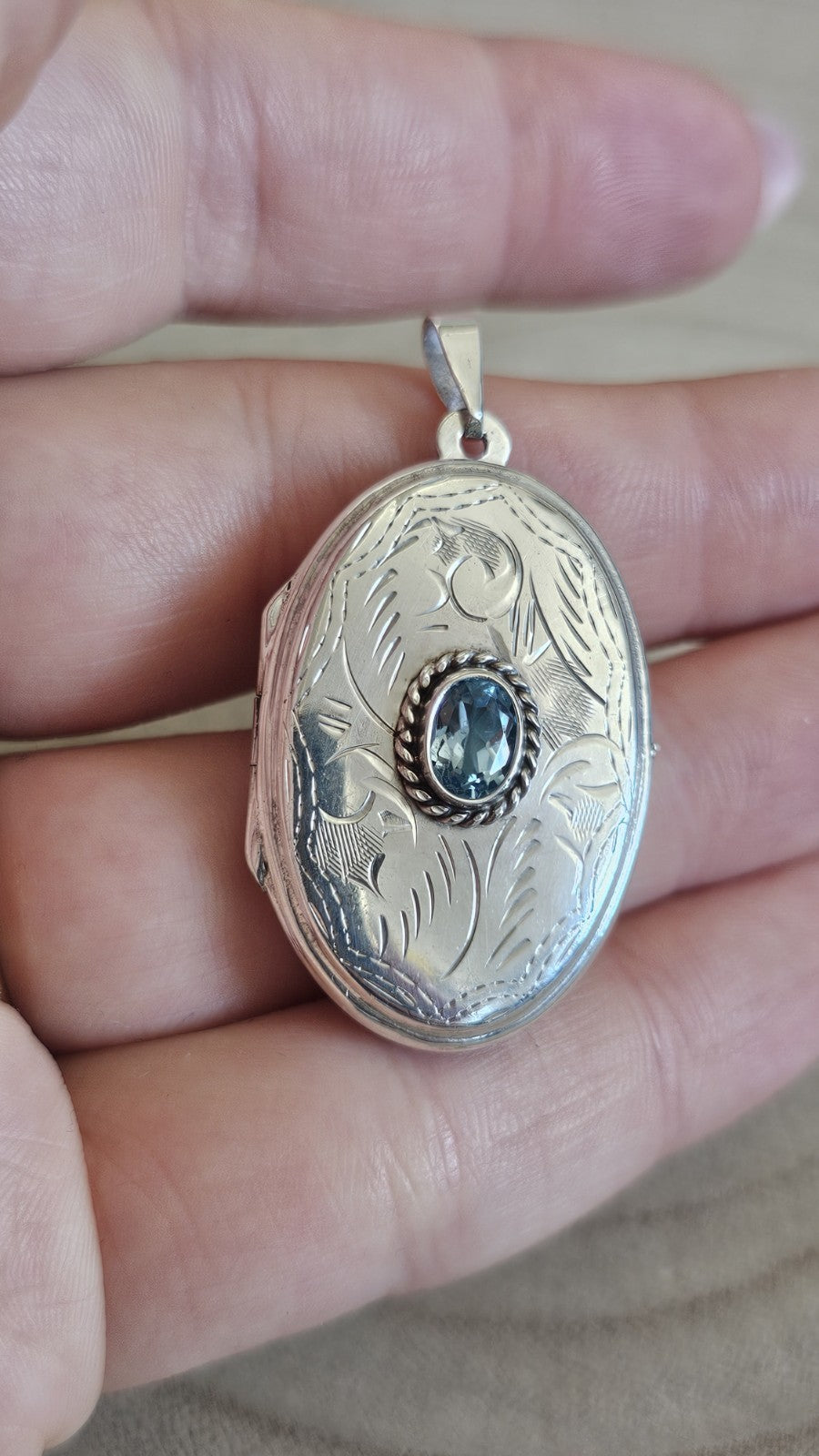 925 Sterling Silver Oval Photo Locket Pendant, Bezel Set Oval Blue Topaz Stone