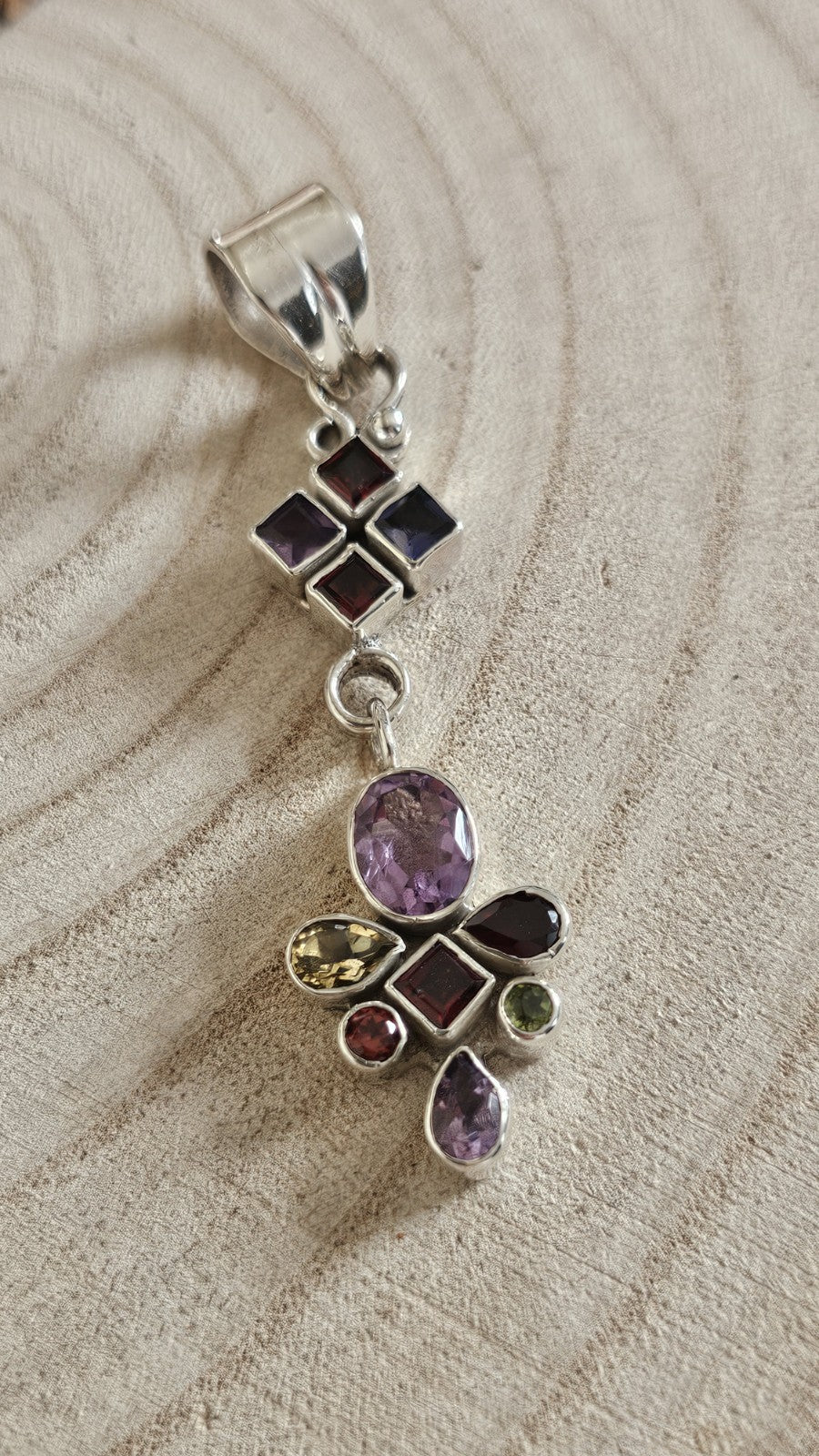 925 Sterling Silver Multi Gemstone Long Pendant Amethyst Garnet Iolite Citrine