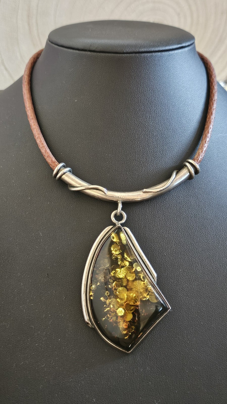 925 Sterling Silver Amber Statement Choker Necklace Leather Cord 15.5" 