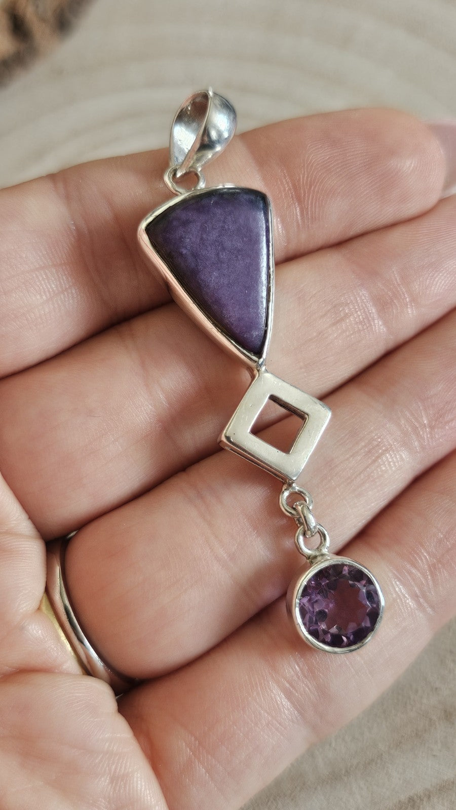 925 Sterling Silver Purple Gemstone & Amethyst Geometric Drop Pendant 9.35g