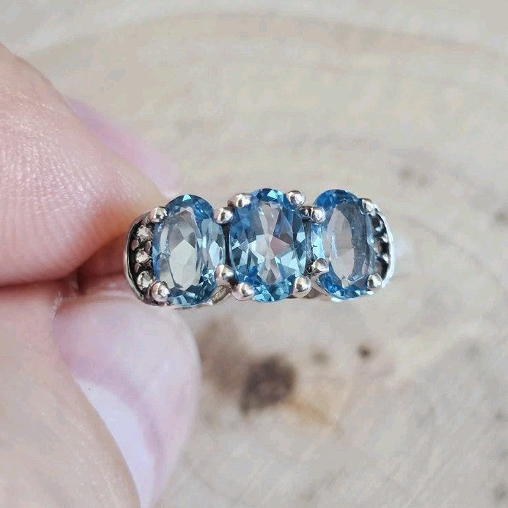 925 Sterling Silver Blue Topaz & Zircon Trilogy Ring Size L 1/2 TGGC
