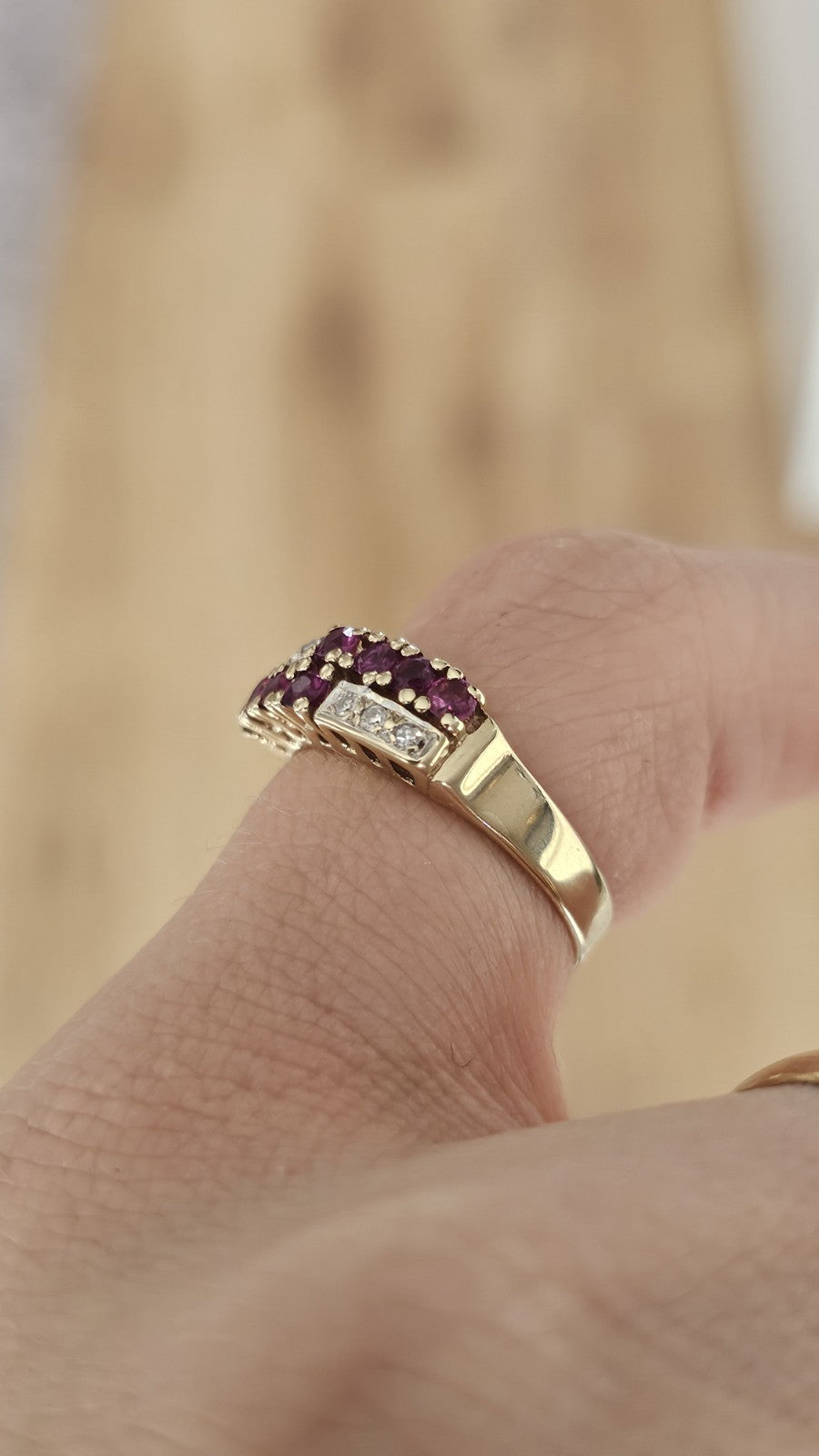 Vintage 1987 ,9ct Yellow Gold Natural Ruby & Diamond Double Row Ring Size M 1/2
