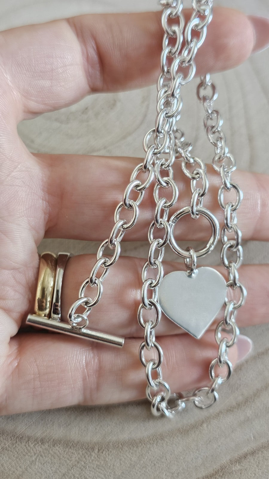 925 Sterling Silver Chunky Heart Pendant Necklace T-Bar Hallmarked 27.61g