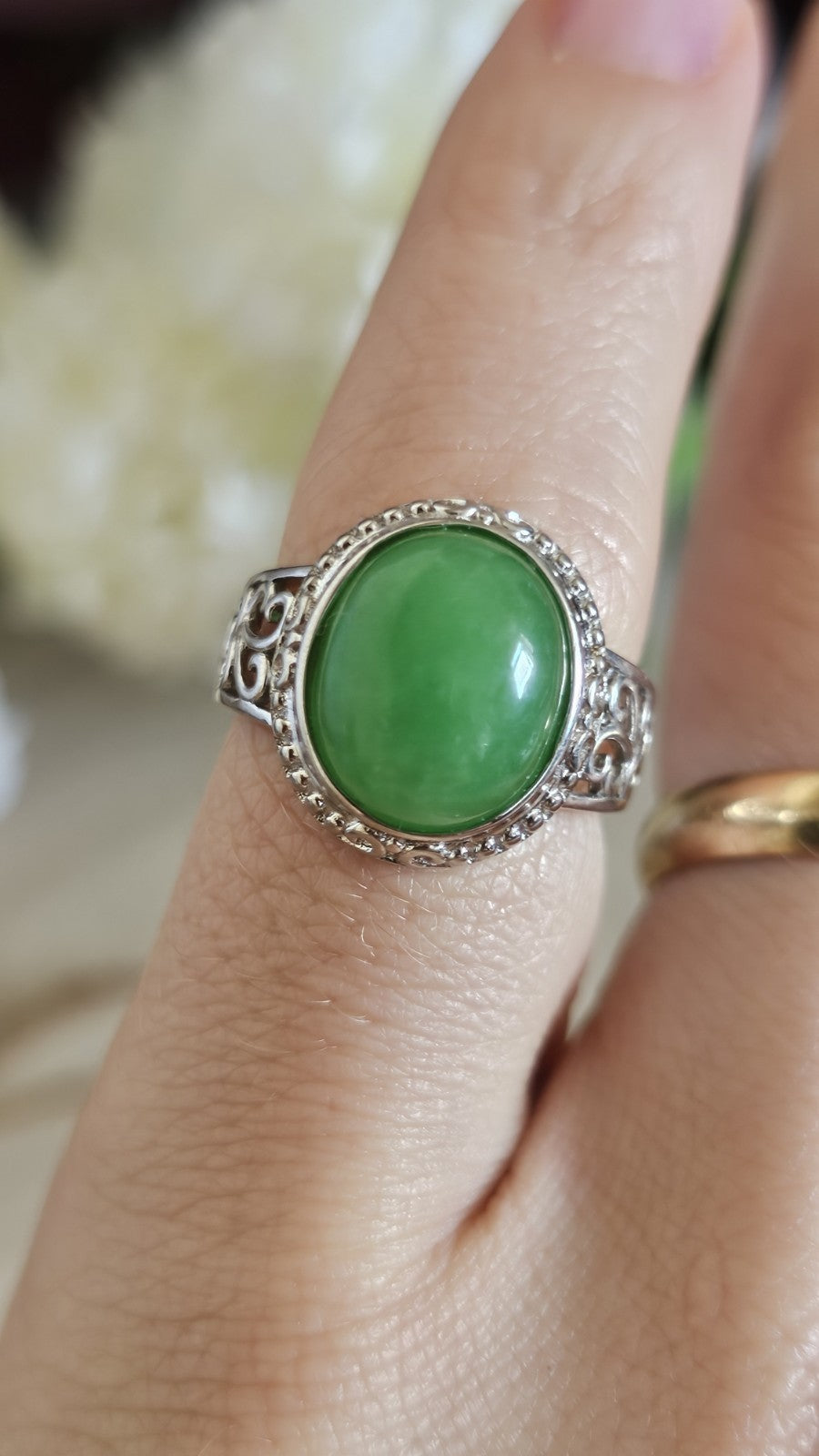 925 Sterling Silver Green Jade Oval Ring Size L 1/2 Ornate Scroll 4.92g