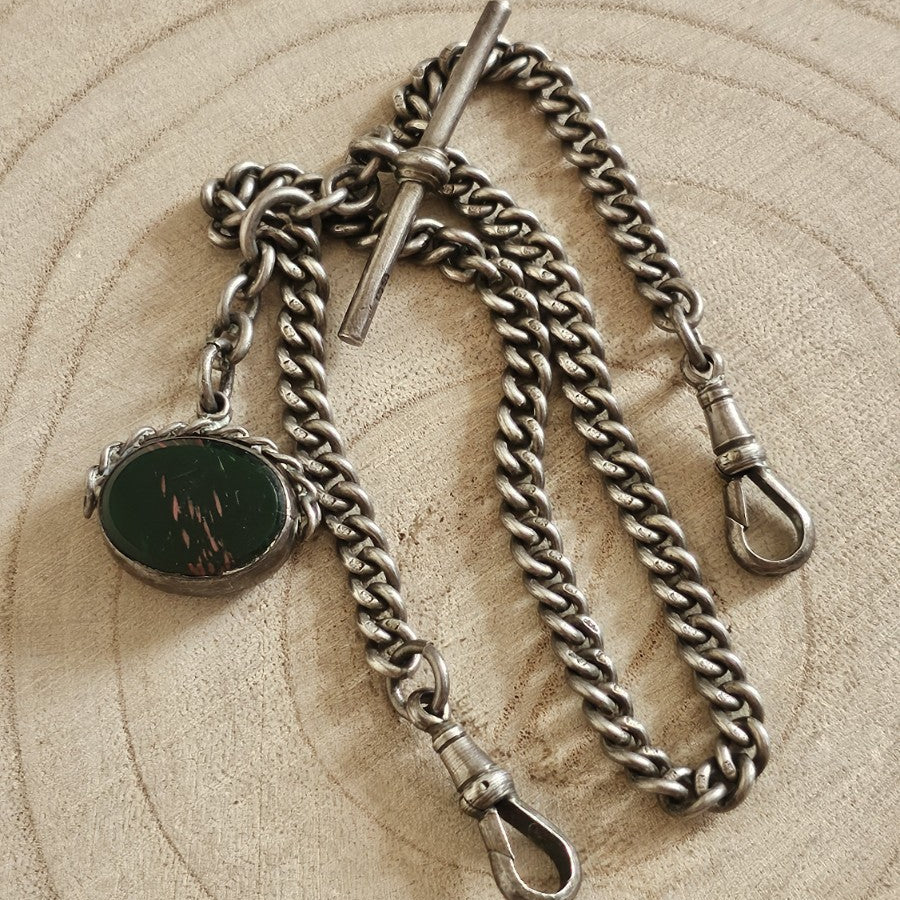Antique 1926 Chester Sterling Albert Watch Chain 1923 Carnelian Bloodstone Fob