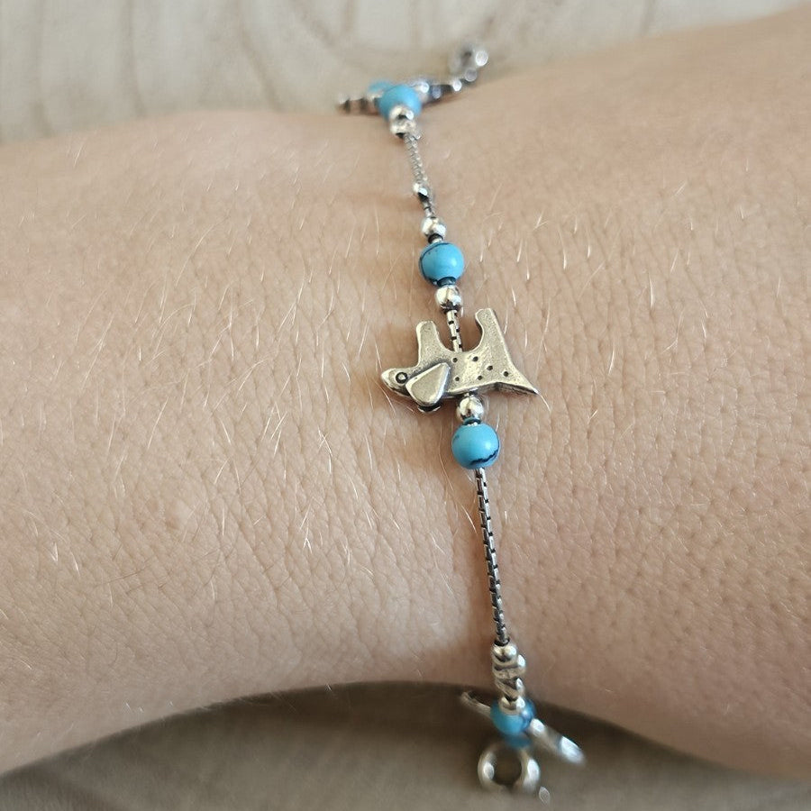 925 Sterling Silver Turquoise Animal Charm Bracelet 7.5" Cat Snail 7.37g