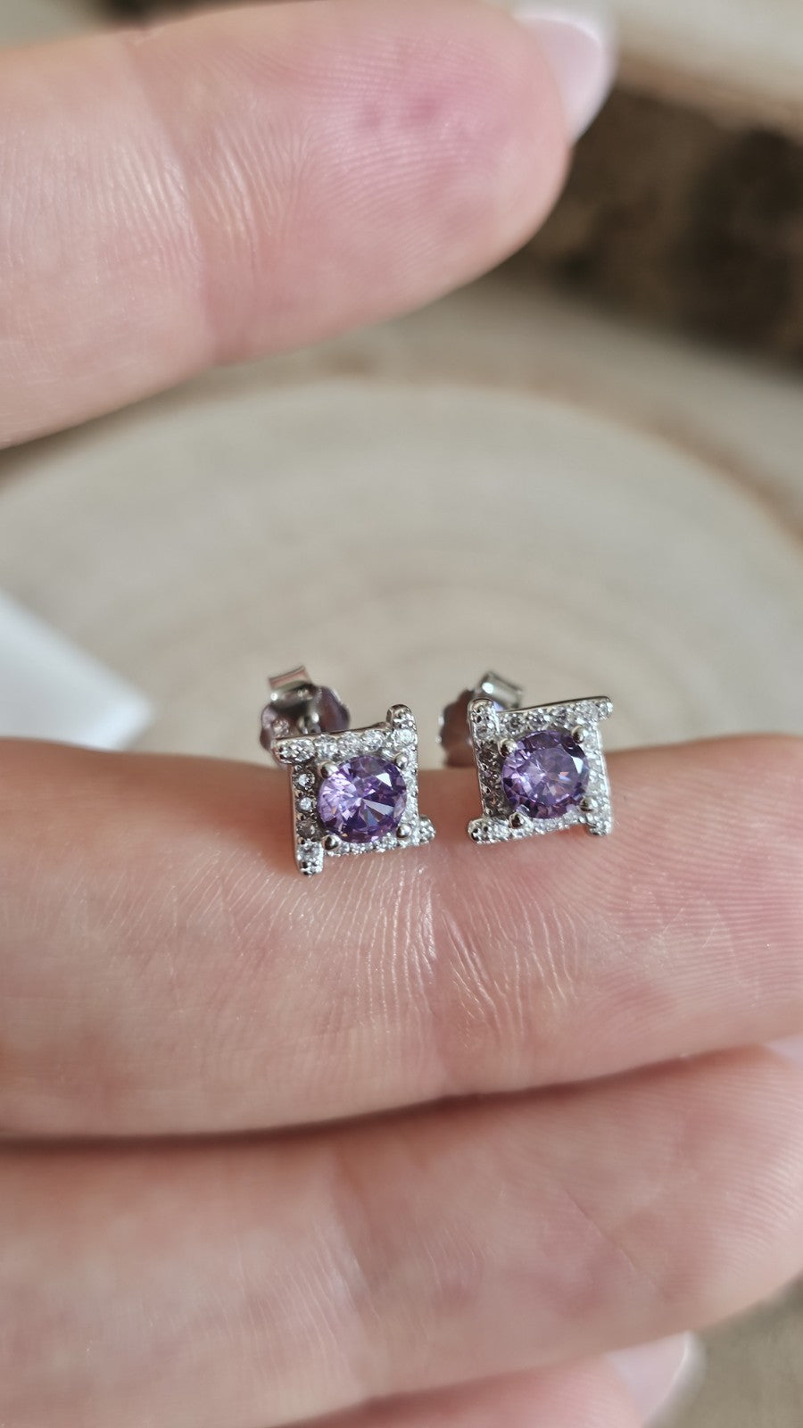 925 Sterling Silver Amethyst CZ Stud Earrings Rhodium Plated 7mm New in Box