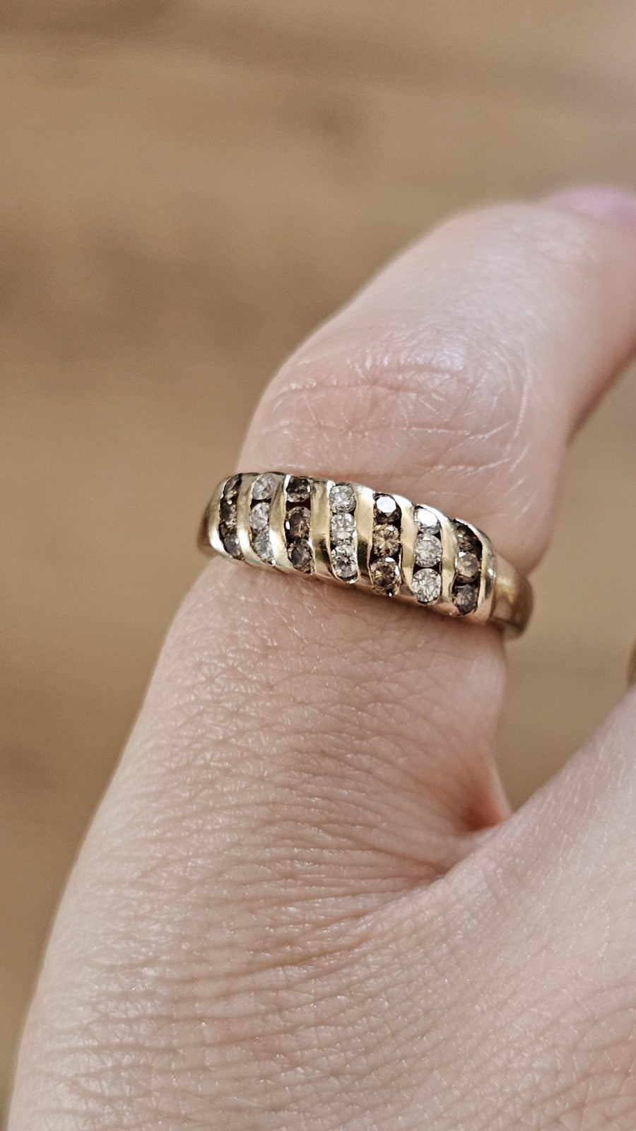 9ct Yellow Gold 0.63ct Champagne & White Diamond Three-Row Ring - Size L 1/2