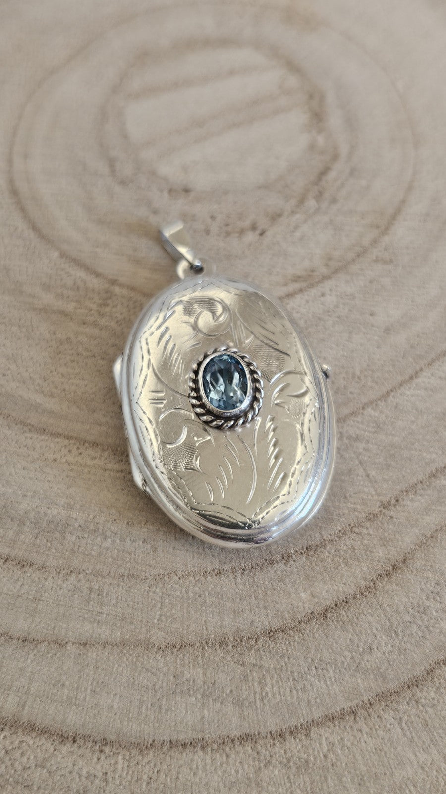 925 Sterling Silver Oval Photo Locket Pendant, Bezel Set Oval Blue Topaz Stone