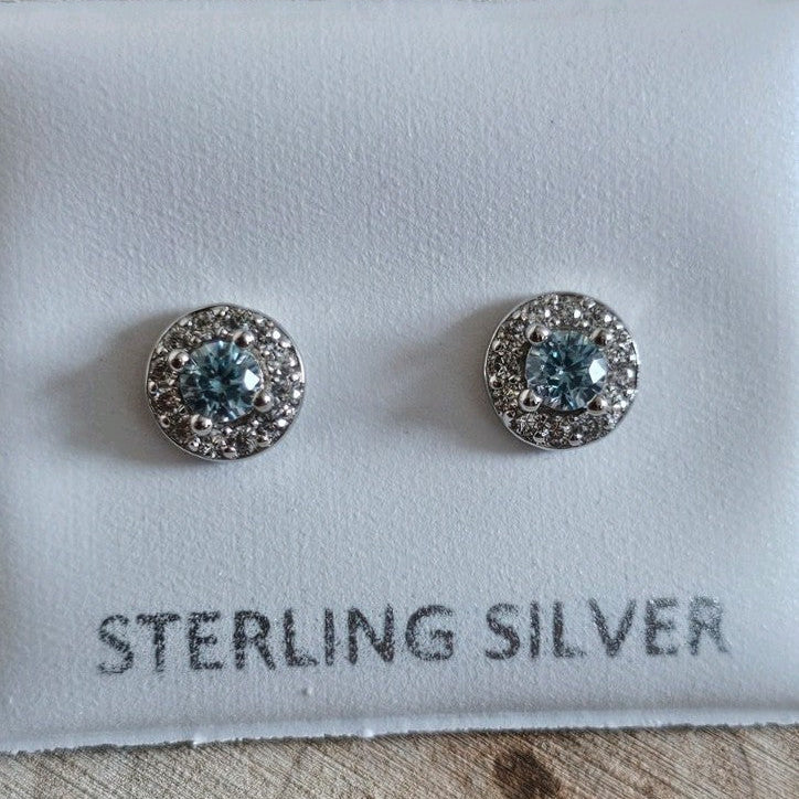 925 Sterling Silver Blue Topaz CZ Halo Stud Earrings Rhodium Plated 6mm New