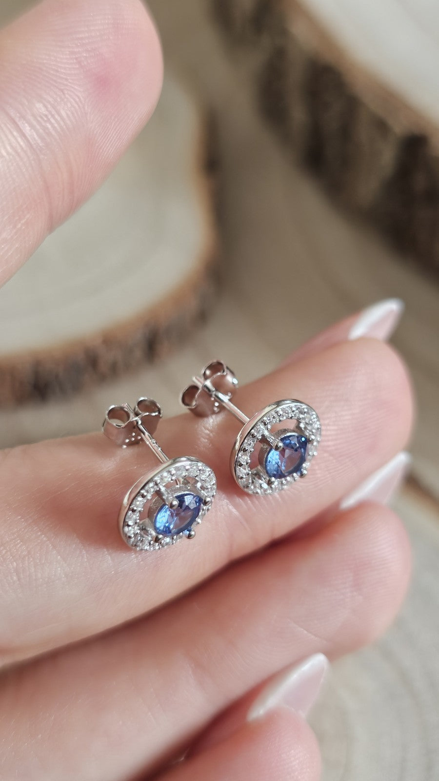 925 Sterling Silver Blue CZ Halo Stud Earrings 9.6mm, New Boxed