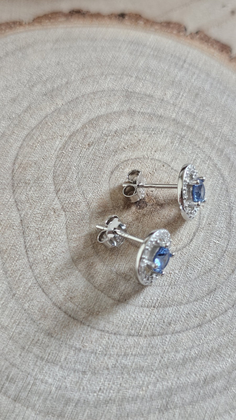925 Sterling Silver Blue CZ Halo Stud Earrings 9.6mm, New Boxed