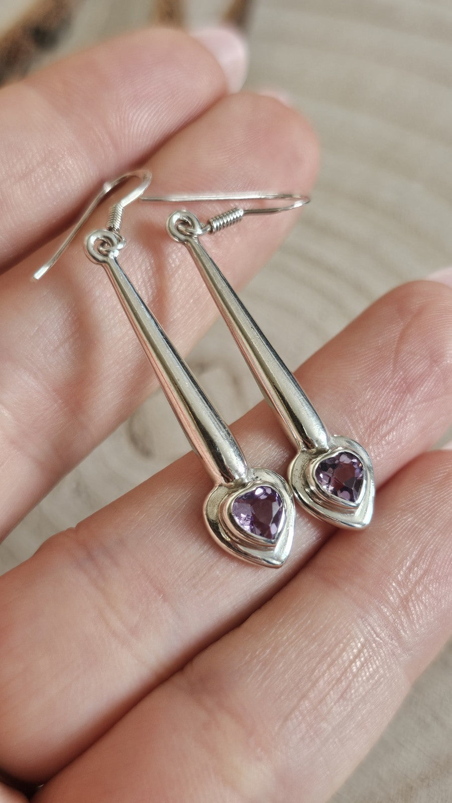 925 Sterling Silver Amethyst Heart Drop Dangle Earrings Stamped 925