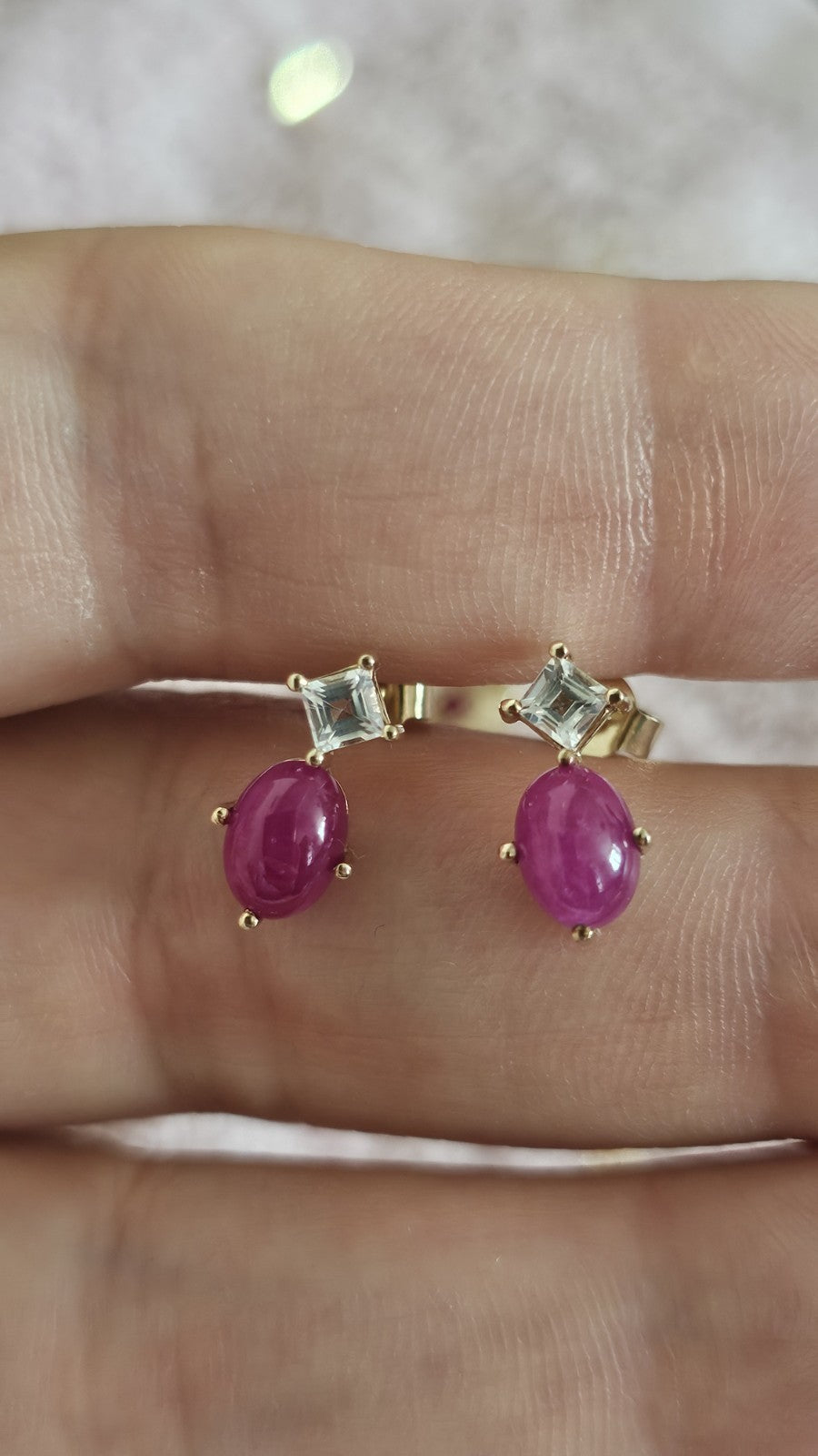 9ct Yellow Gold Natural Ruby & White Topaz Drop Stud Earrings – 1.68g