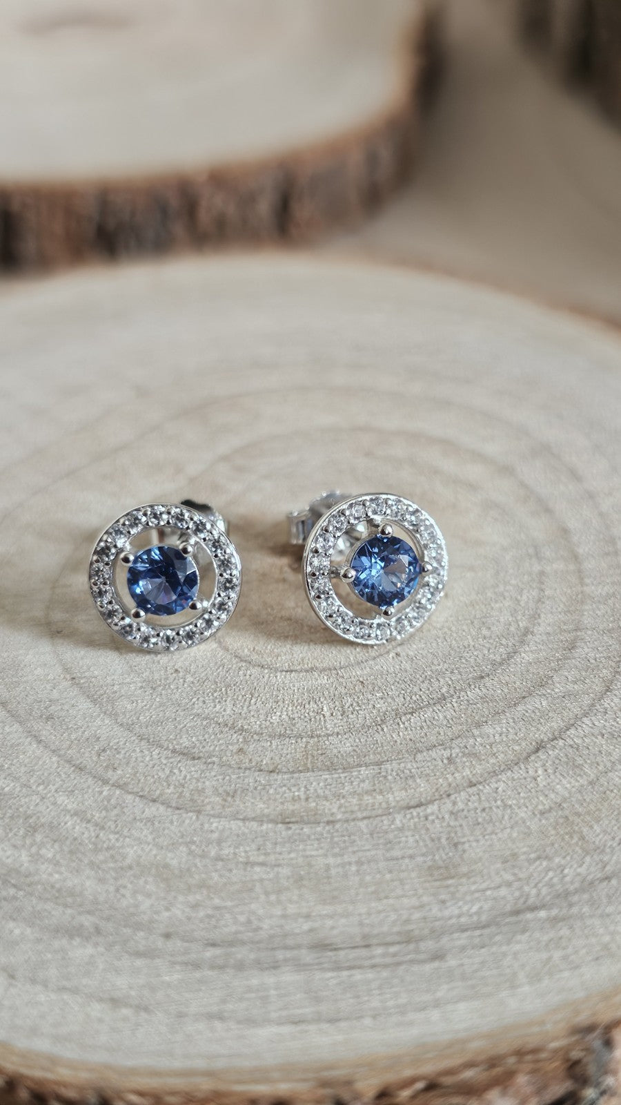 925 Sterling Silver Blue CZ Halo Stud Earrings 9.6mm, New Boxed