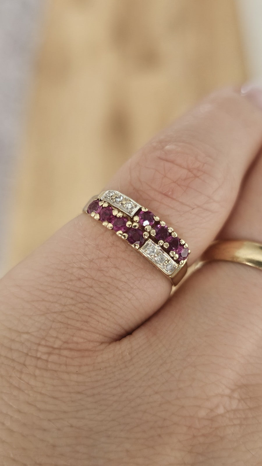 Vintage 1987 ,9ct Yellow Gold Natural Ruby & Diamond Double Row Ring Size M 1/2
