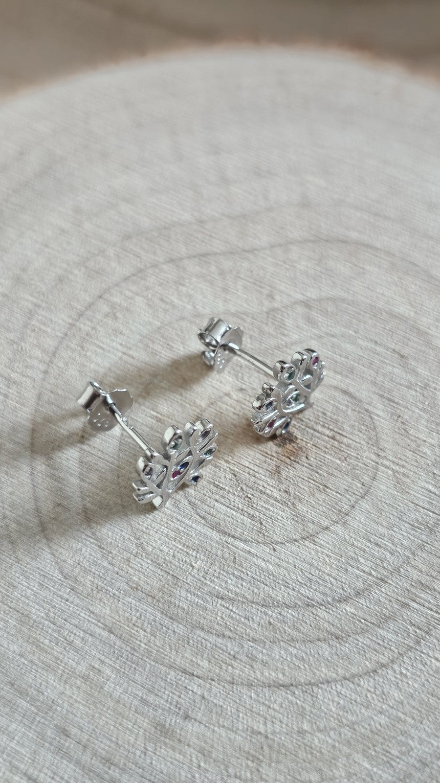 925 Sterling Silver Multicoloured CZ Tree Stud Earrings 10mm, New Boxed