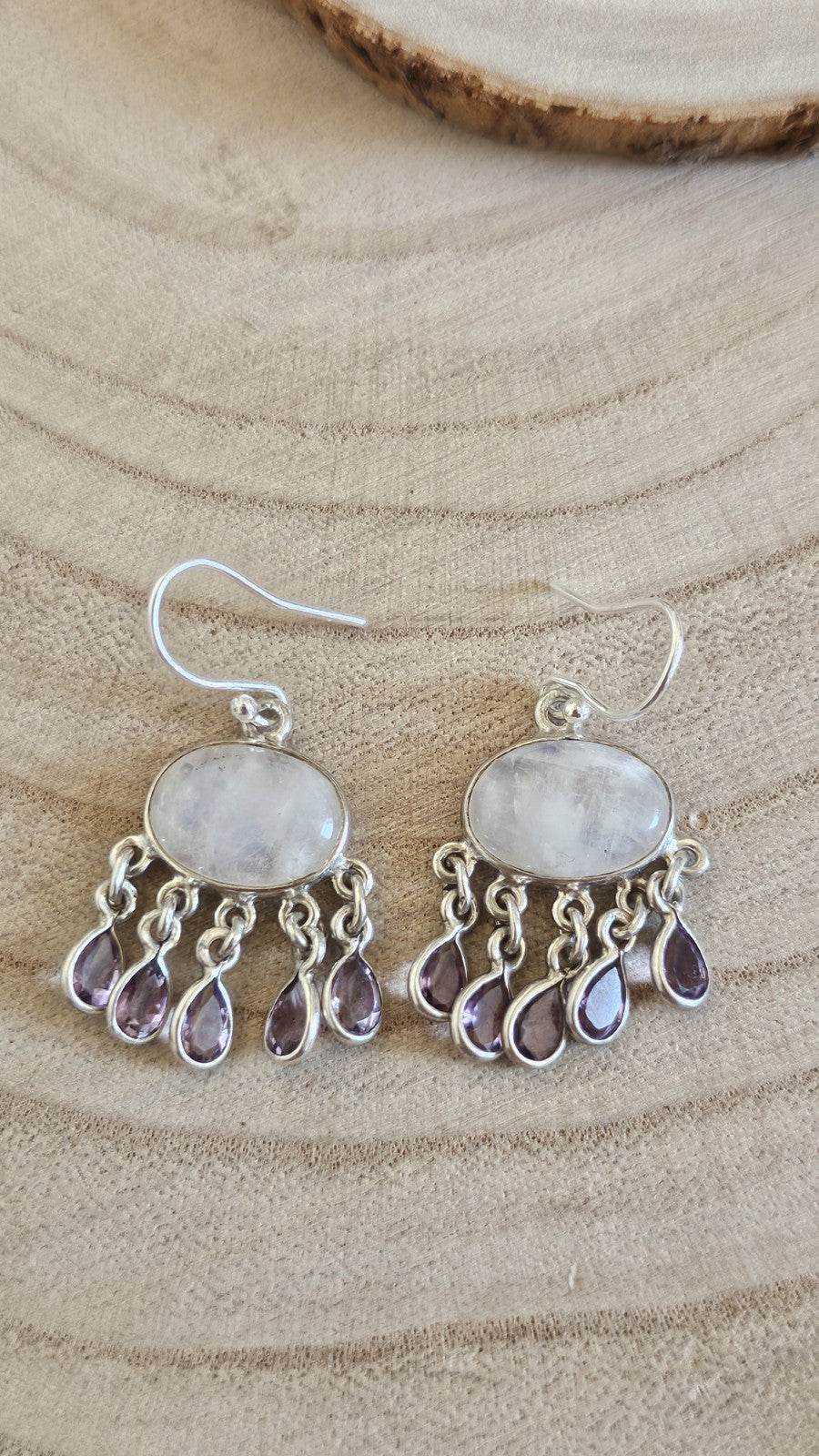 925 Sterling Silver Natural Moonstone & Amethyst Chandelier Drop Earrings