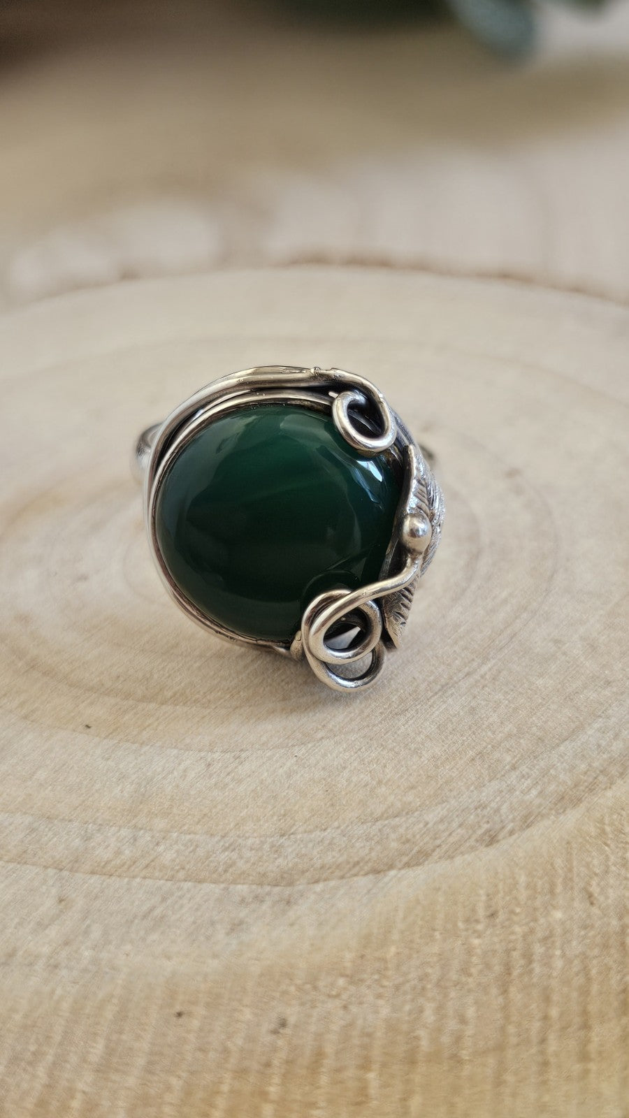 Vintage Sterling Silver Green Onyx Statement Ring Size S 7.92g