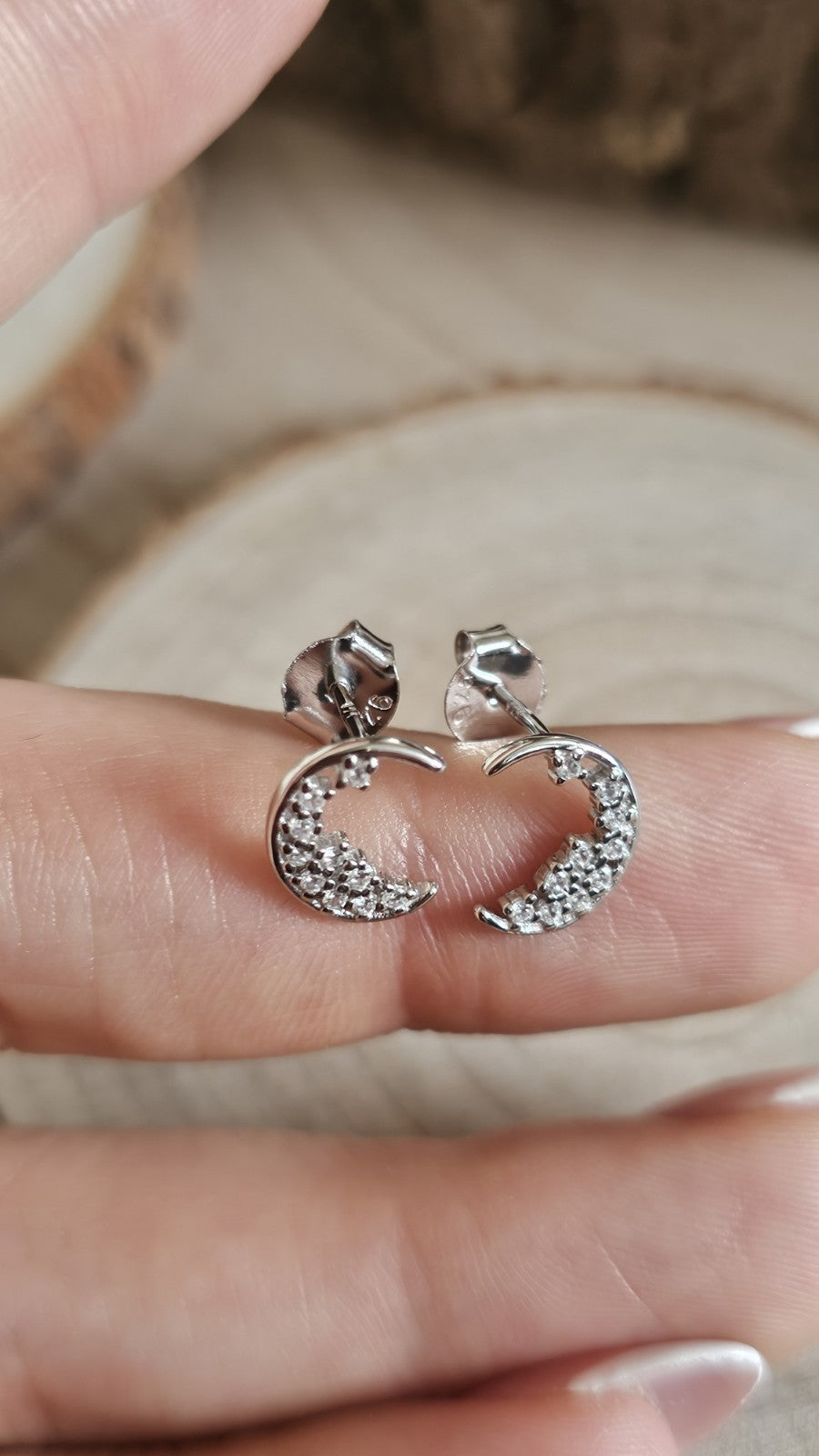 925 Sterling Silver CZ Crescent Moon Stud Earrings Rhodium Plated New