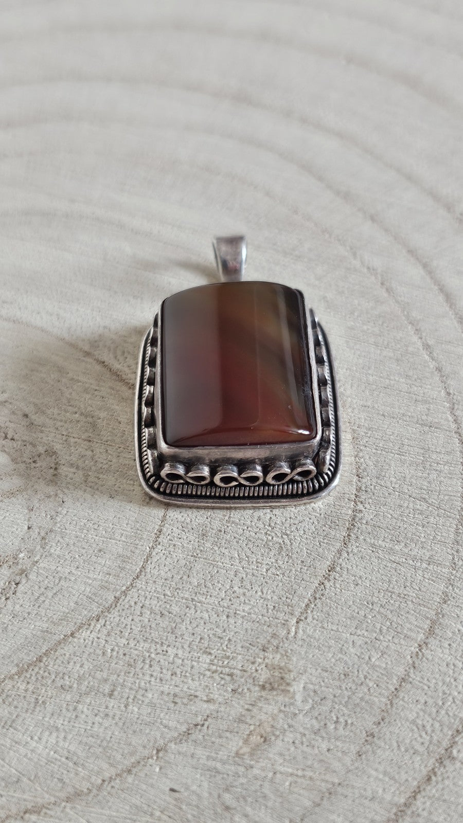 925 Sterling Silver Banded Agate Large Pendant Brown Gemstone 21g