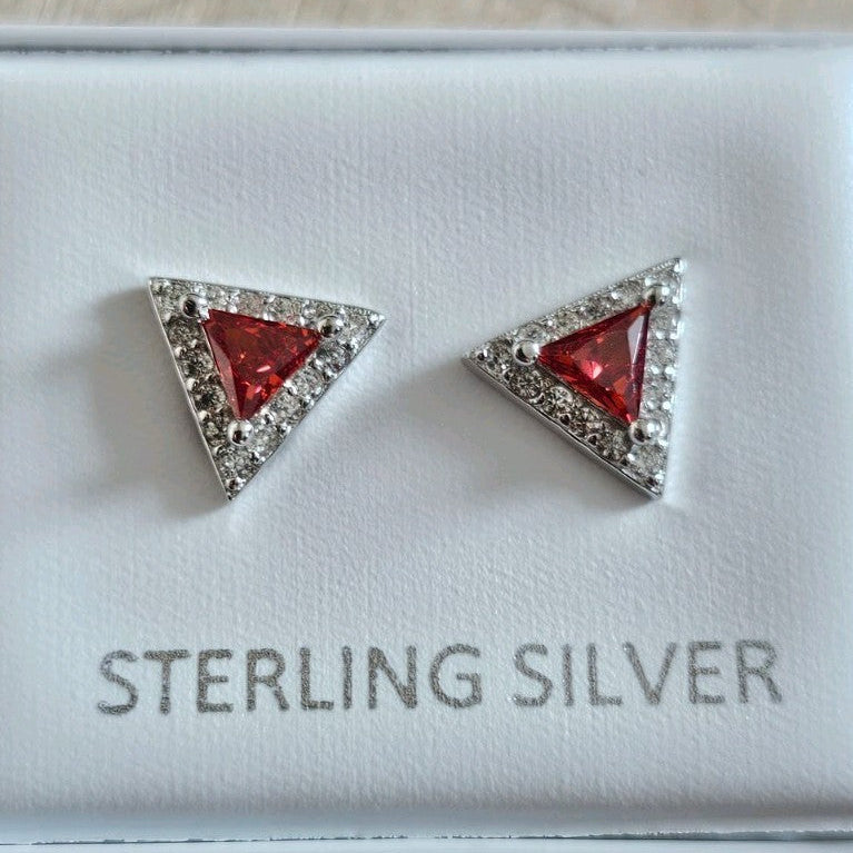 925 Sterling Silver Garnet Red CZ Triangle Stud Earrings 8.78mm