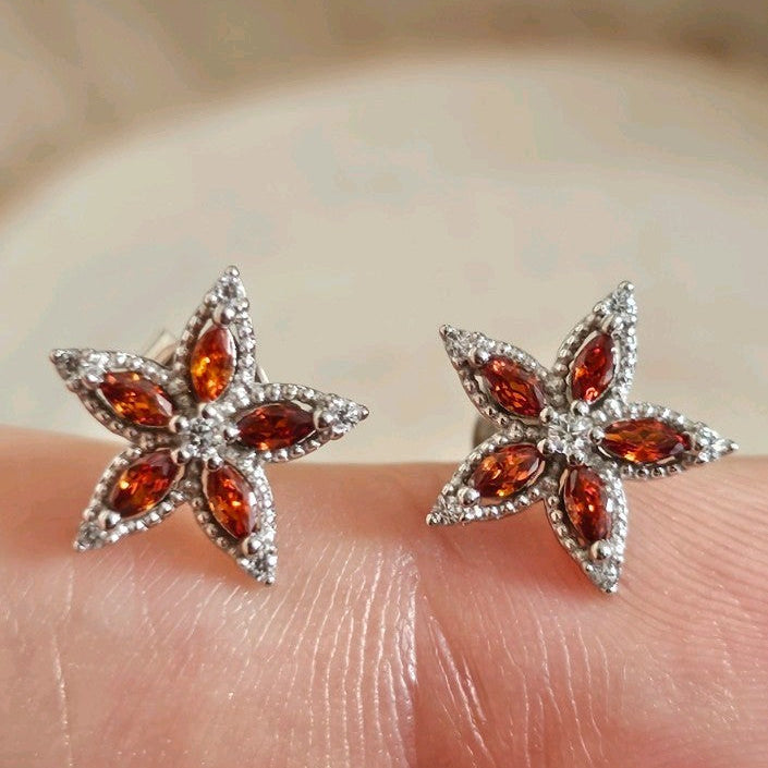 925 Sterling Silver Garnet CZ Flower Star Stud Earrings 11mm New