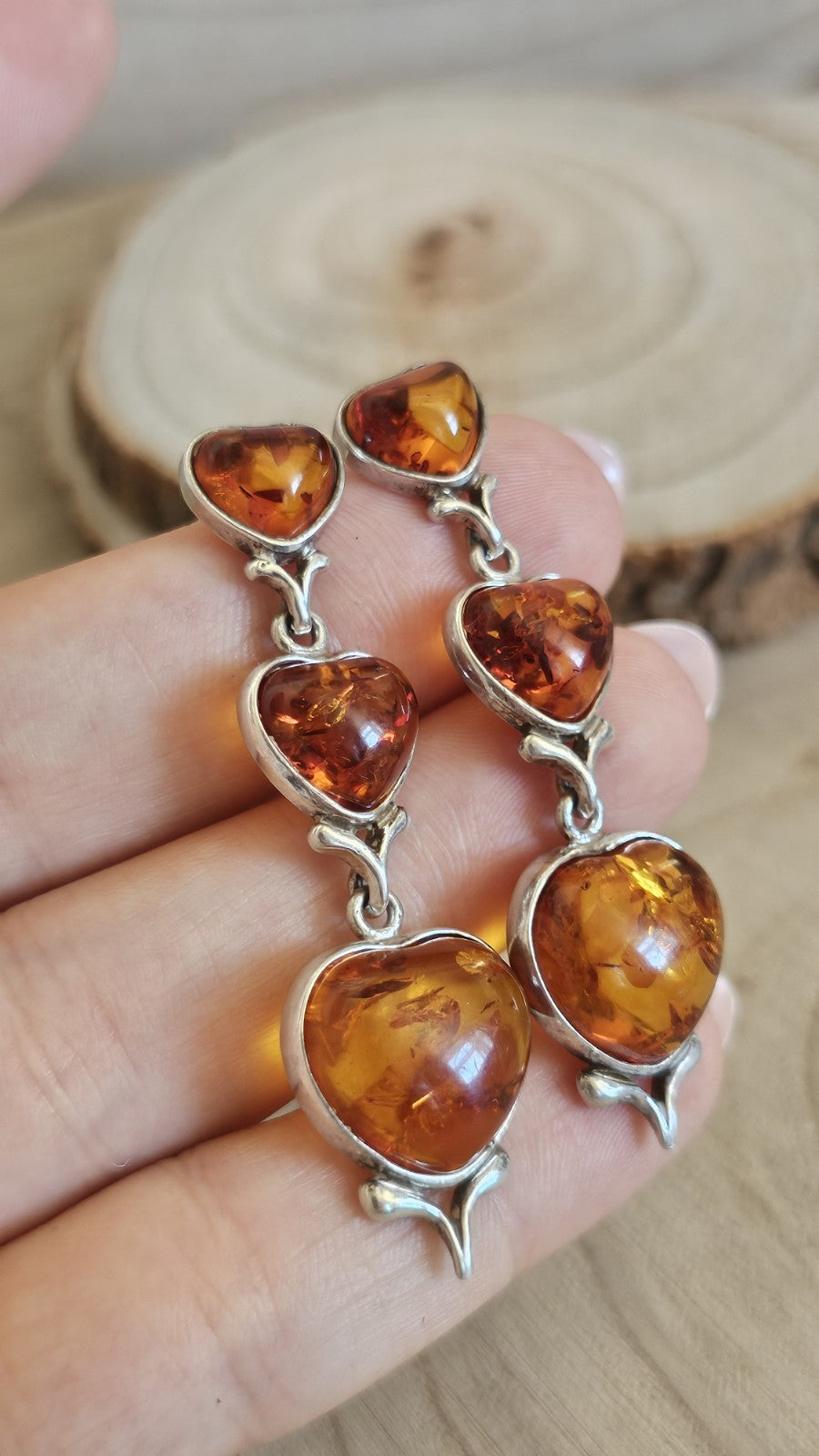 925 Sterling Silver Amber Heart Drop Earrings 3 Stone Dangle 9.37g