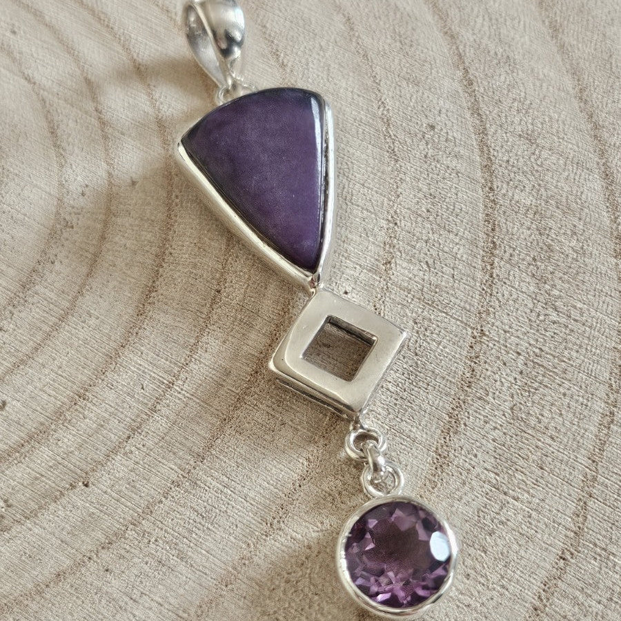 925 Sterling Silver Purple Gemstone & Amethyst Geometric Drop Pendant 9.35g